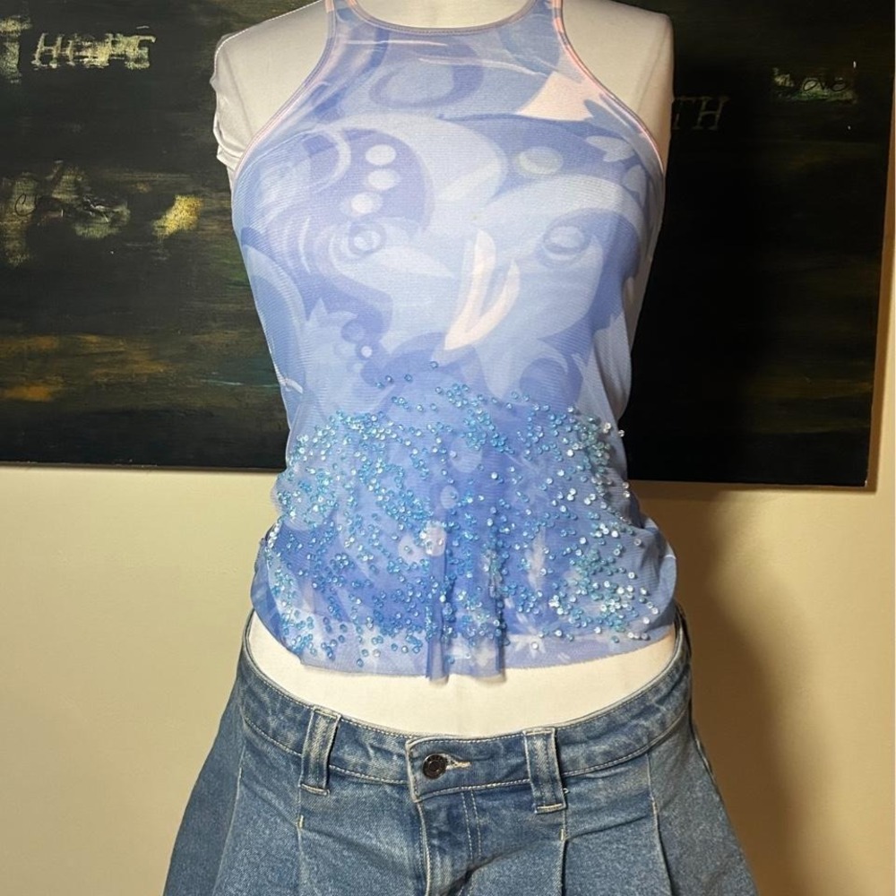Vintage Y2K DIAGRAMA mesh tank abstract print with beaded sequin embellishment